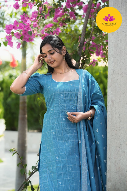 Teal Blue Cotton Silk (3-Piece Set)