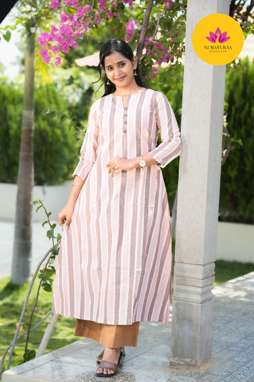 Pastel Pink Striped Kurti Set (2-Piece Set)