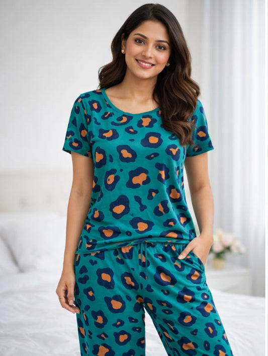 Dark Teal - Leopard Print Nightwear Pant Set
