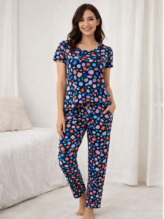 Ink Blue – Floral Print Nightwear Pant Set