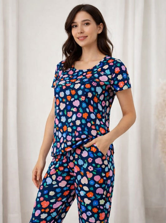 Ink Blue – Floral Print Nightwear Pant Set