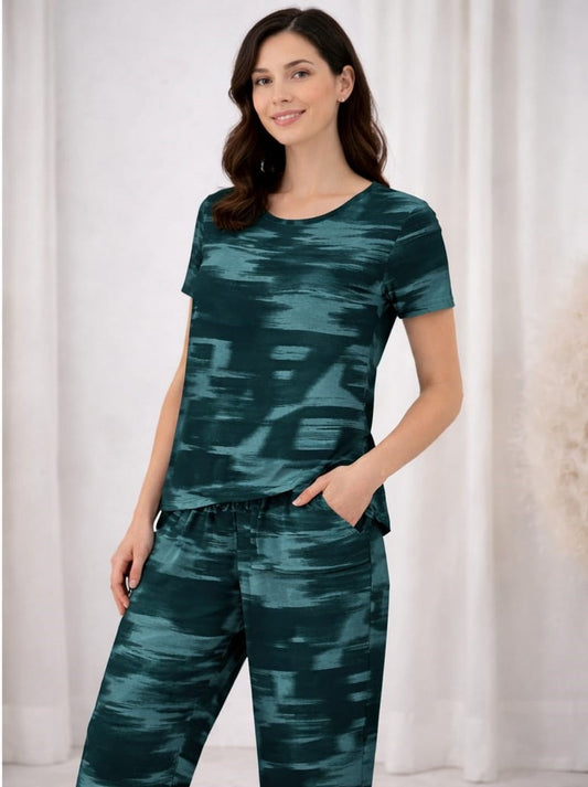 Deep Teal – Brush Stroke Print Nightwear Pant Set
