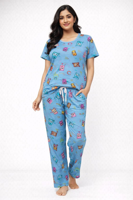 Aqua Blue – Cartoon Print Nightwear Pant Set