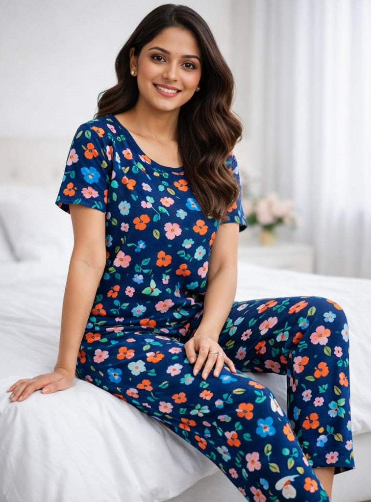 Navy Blue – Multicolor Floral Print Nightwear Pant Set