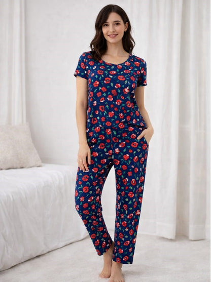 Midnight Navy – Floral Print Nightwear Pant Set