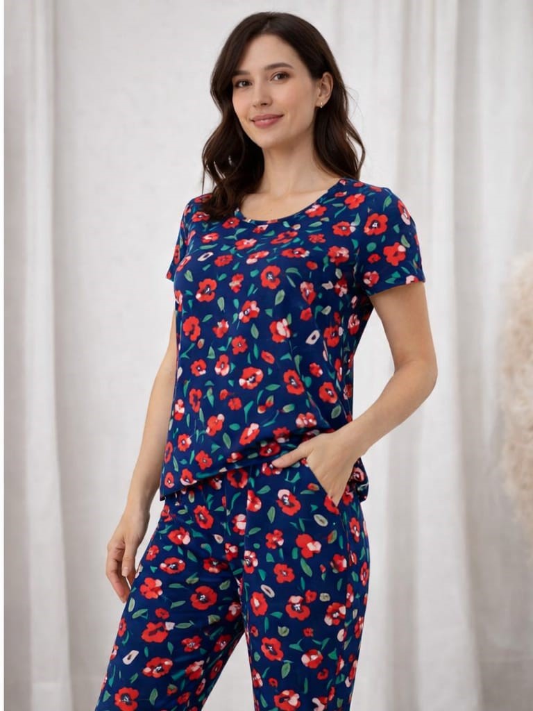 Midnight Navy – Floral Print Nightwear Pant Set