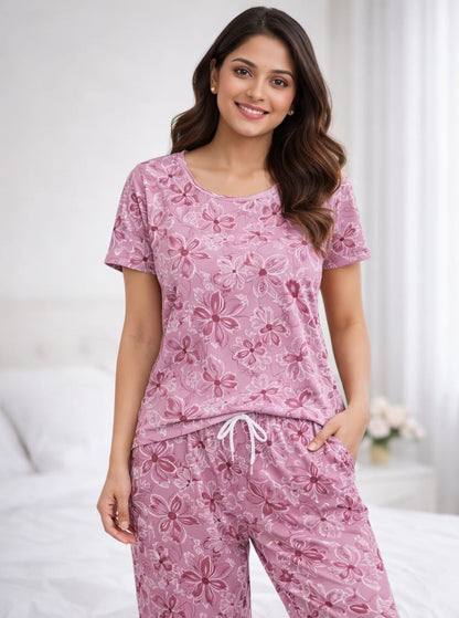 Dusty Rose Pink – Floral Print Nightwear Pant Set