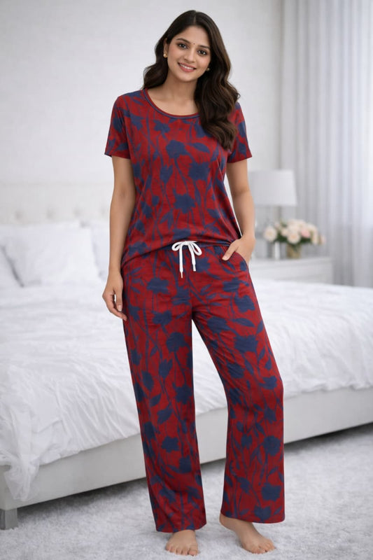 Wine Red – Floral Print Nightwear Pant Set