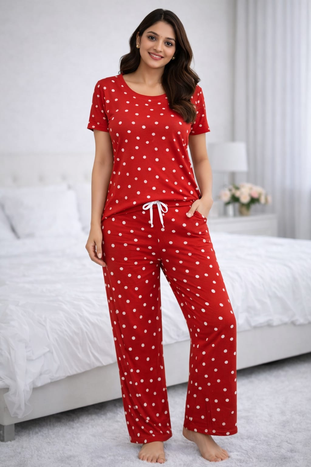 Cherry Red – Polka Dot Print Nightwear Pant Set