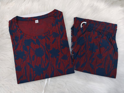 Wine Red – Floral Print Nightwear Pant Set