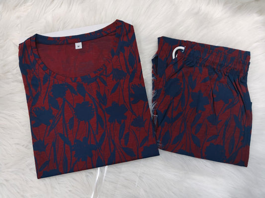 Wine Red – Floral Print Nightwear Pant Set