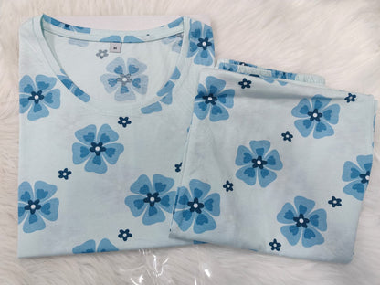 Powder Blue – Floral Print Nightwear Pant Set